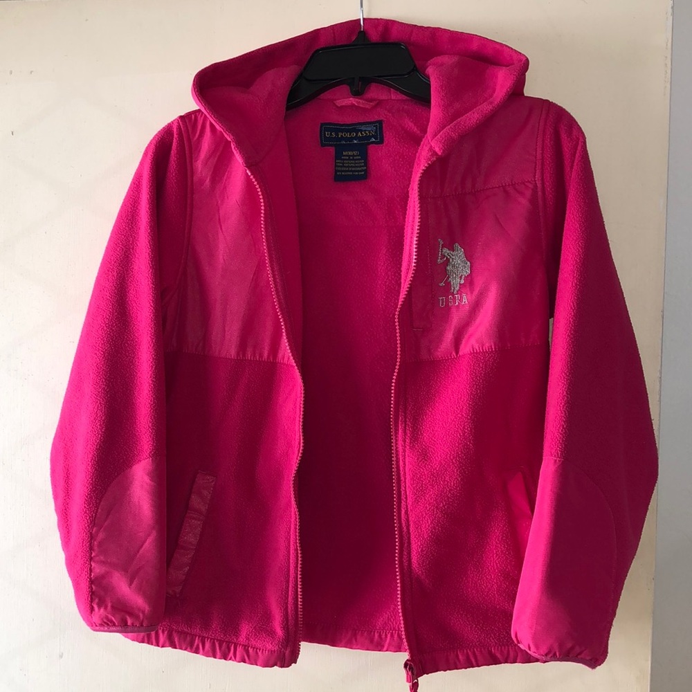 U.S. Polo Assoc. Girl’s Pink Plush Zip Hooded Jacket Pockets Arm Patches M